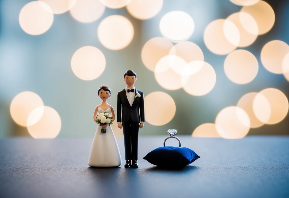 A small figure in a tuxedo stands next to the groom, holding a matching bouquet or ring pillow