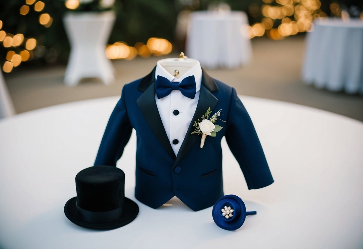 A small tuxedo jacket and bowtie laid out on a table with a boutonniere and mini top hat next to it