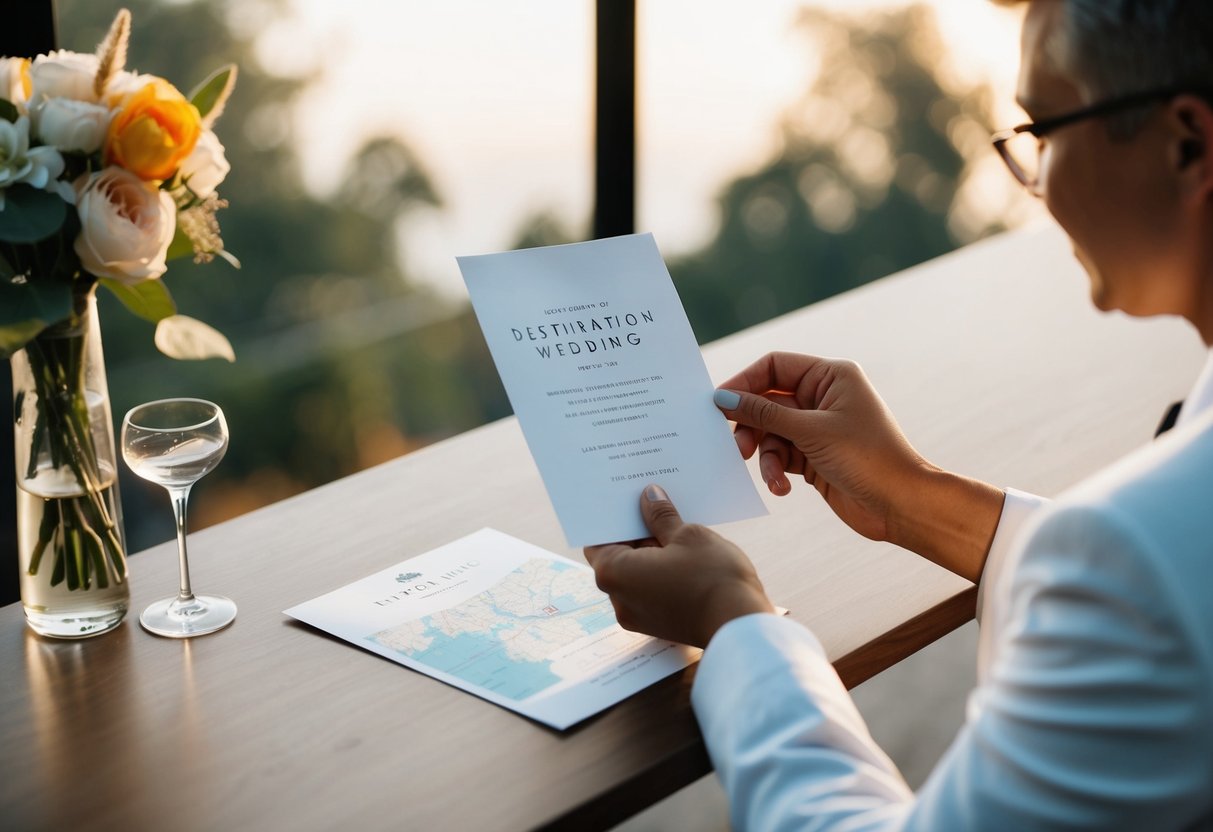A person receiving a destination wedding invitation and politely declining with a thoughtful letter and a map of the location
