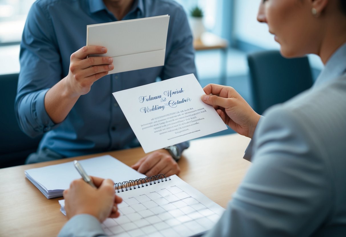 A person holding a wedding invitation while looking at a calendar with a conflicted expression