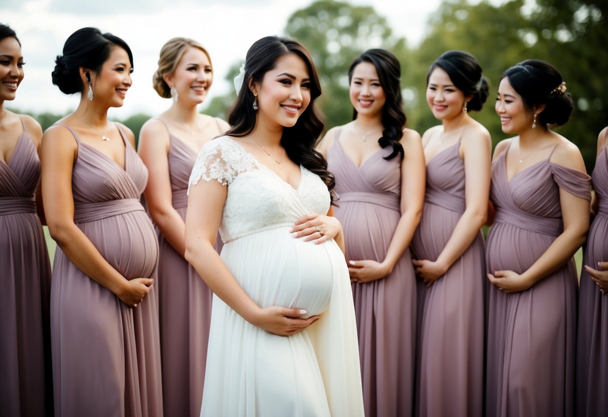 A woman in a flowing dress stands among a group of bridesmaids, cradling her baby bump with a smile