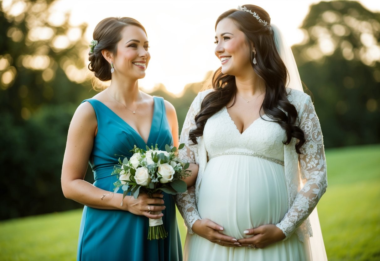 A pregnant bridesmaid standing beside the bride, holding a bouquet and smiling
