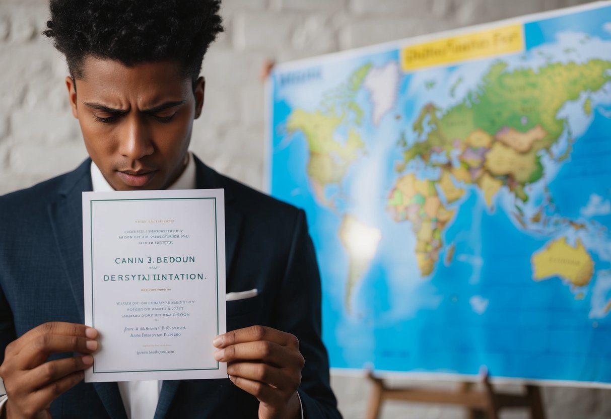 A person looking at a wedding invitation while gazing at a map of the destination with a conflicted expression