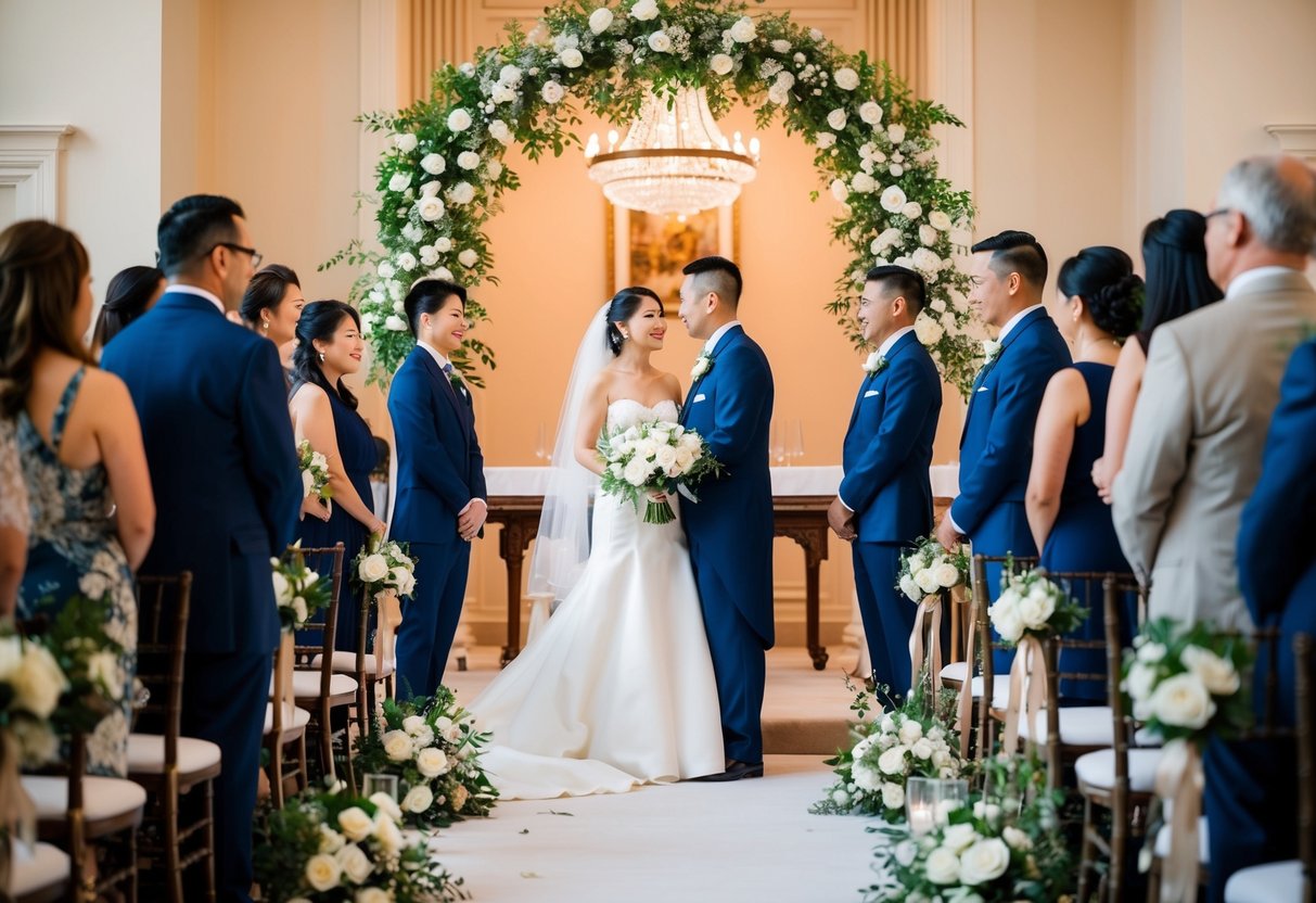 A wedding ceremony with no children present, featuring elegant decor and an intimate setting with adults dressed in formal attire