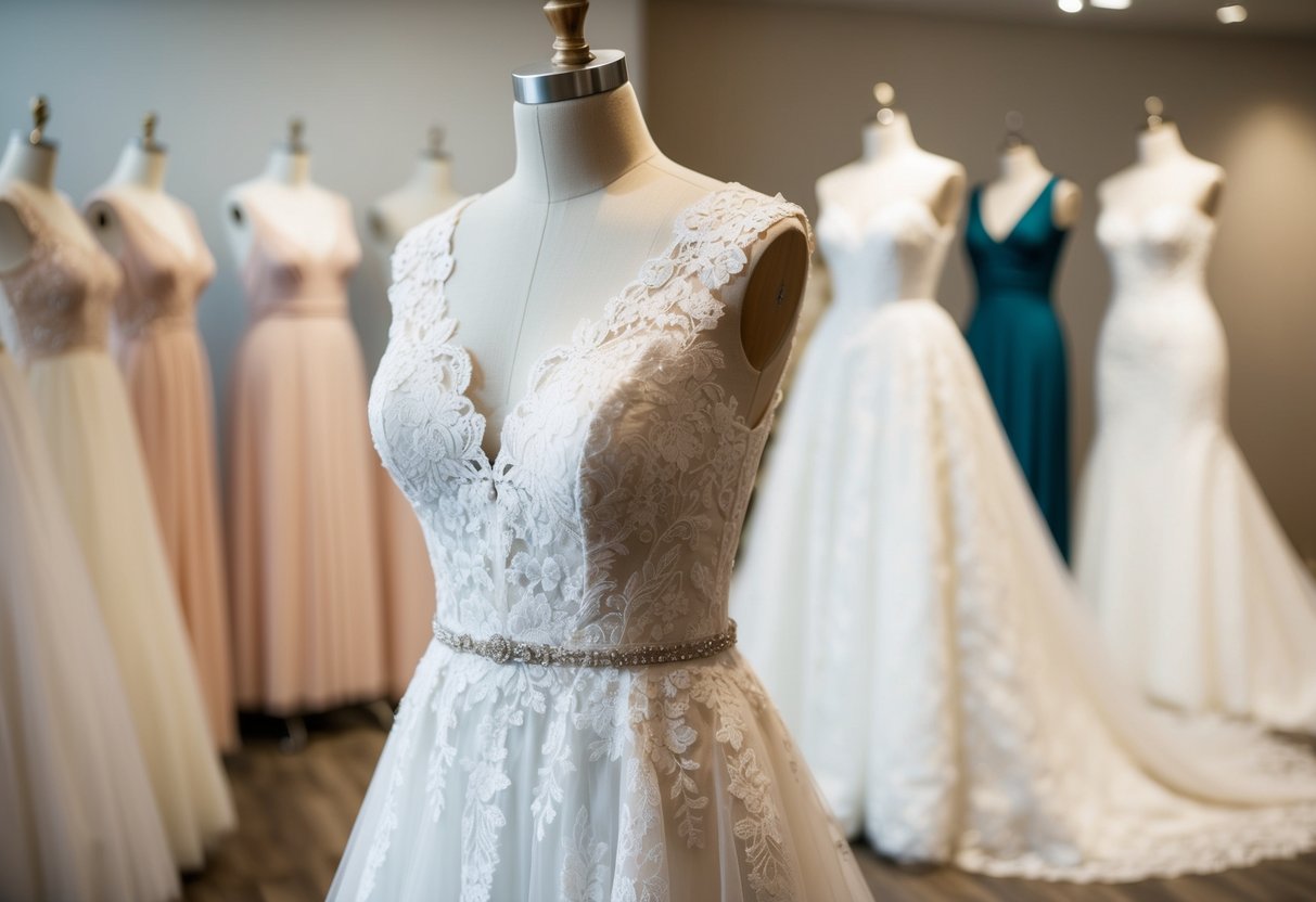 A white lace wedding gown displayed on a mannequin in a softly lit bridal boutique