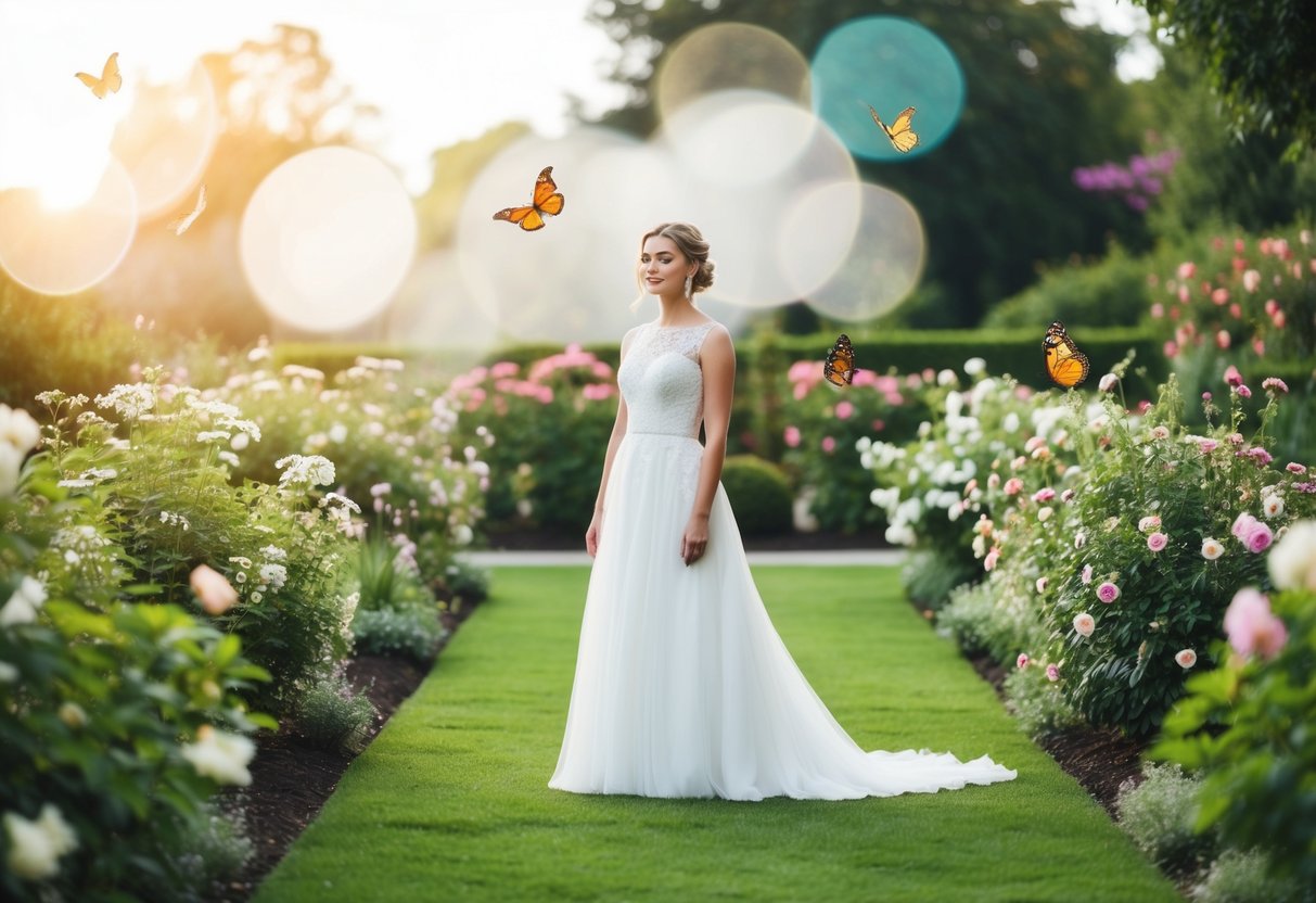 A bride stands alone in a lush garden, surrounded by blooming flowers and fluttering butterflies