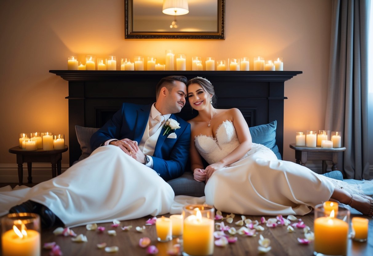 The bride and groom relax in a cozy, candlelit room, surrounded by scattered rose petals and soft, romantic lighting