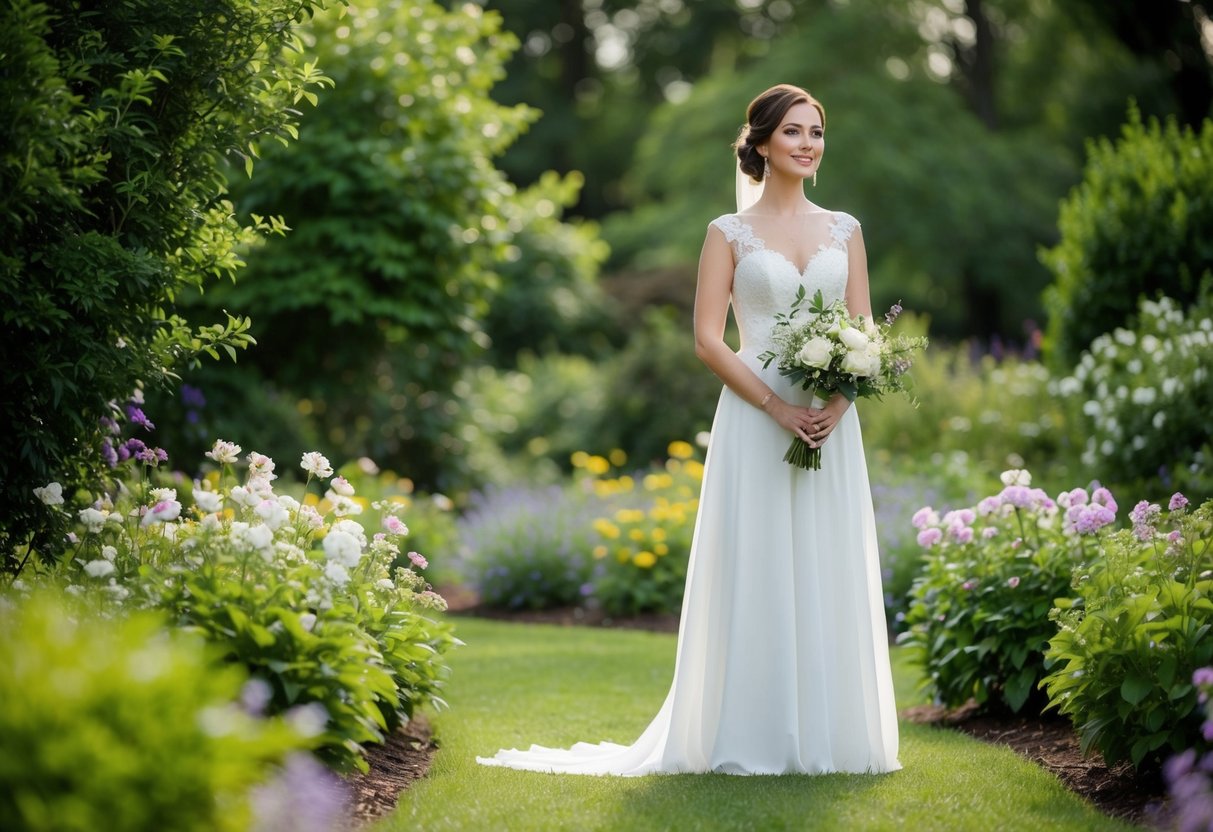 A bride stands alone in a serene garden, surrounded by blooming flowers and lush greenery, radiating confidence and independence