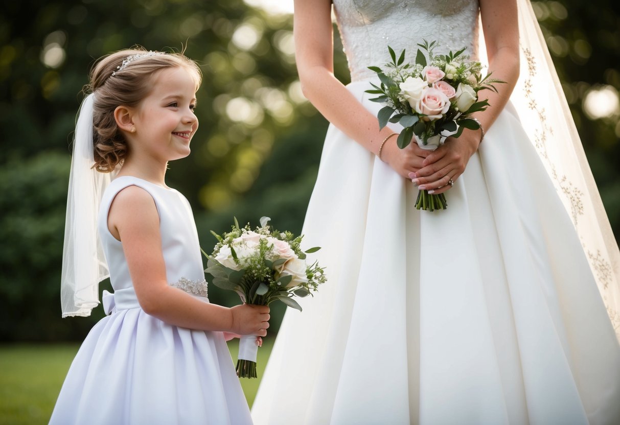 A young girl in a formal dress stands beside a bride, holding a bouquet and smiling