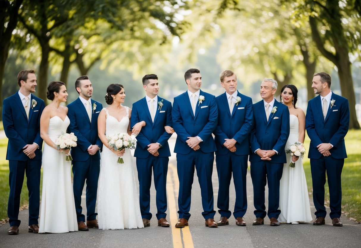 A group of people stand in a line, with one person slightly apart from the rest, indicating a younger member of the bridal party