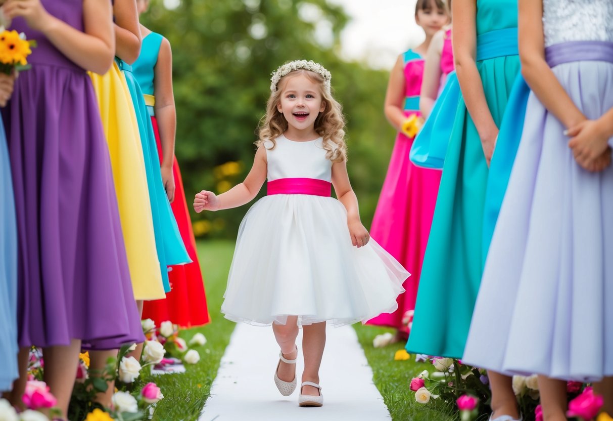 A young girl surrounded by colorful dresses and flowers, eagerly practicing walking down an imaginary aisle with a big smile on her face