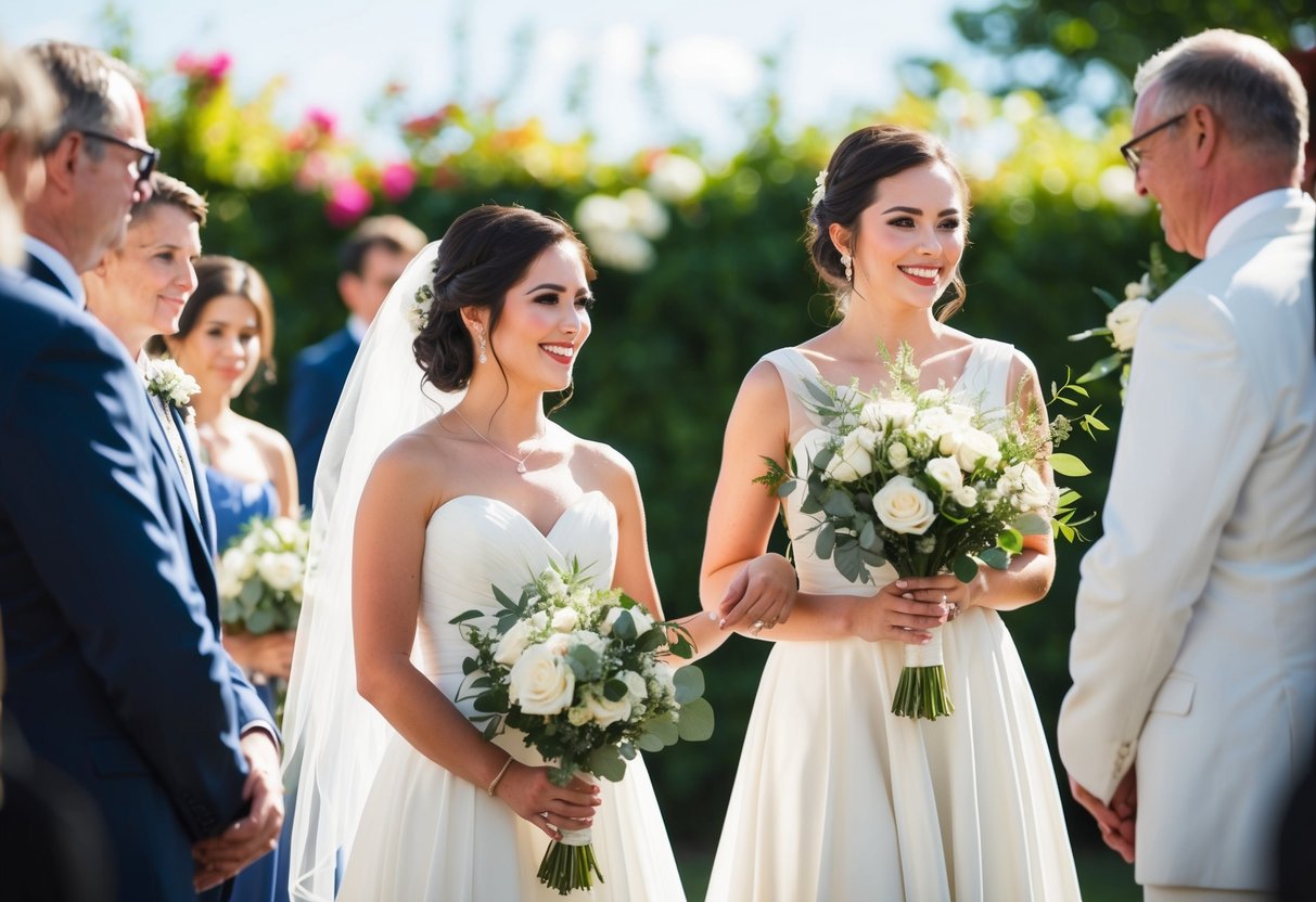 A young bridesmaid holds a bouquet, standing beside the bride in a flowing white gown. The sun shines down on the outdoor wedding ceremony, with flowers and greenery in the background