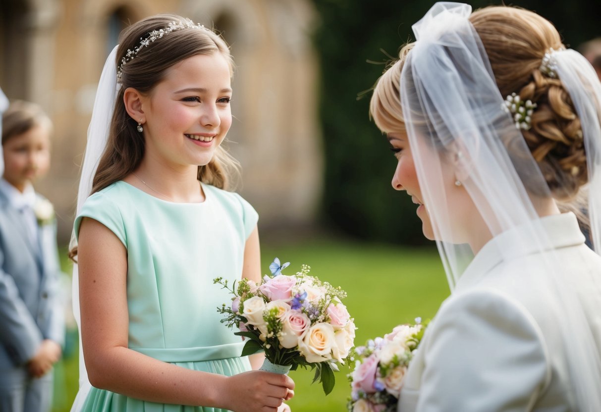 A 13-year-old girl wearing a pastel-colored dress stands beside a bride, holding a bouquet of flowers and smiling. The scene exudes warmth and happiness