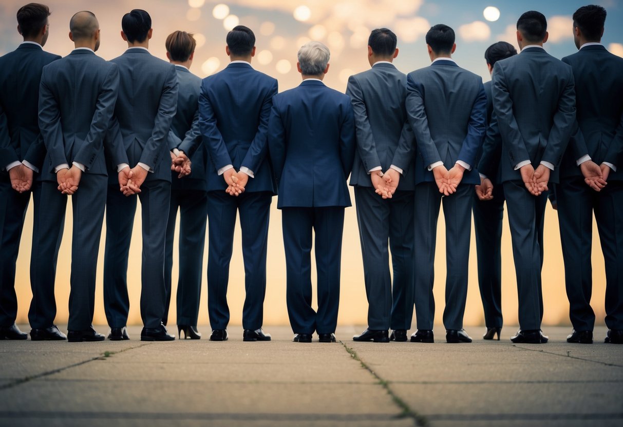 A group of well-dressed figures standing in a line, holding their hands behind their backs, with a focus on one individual in the center