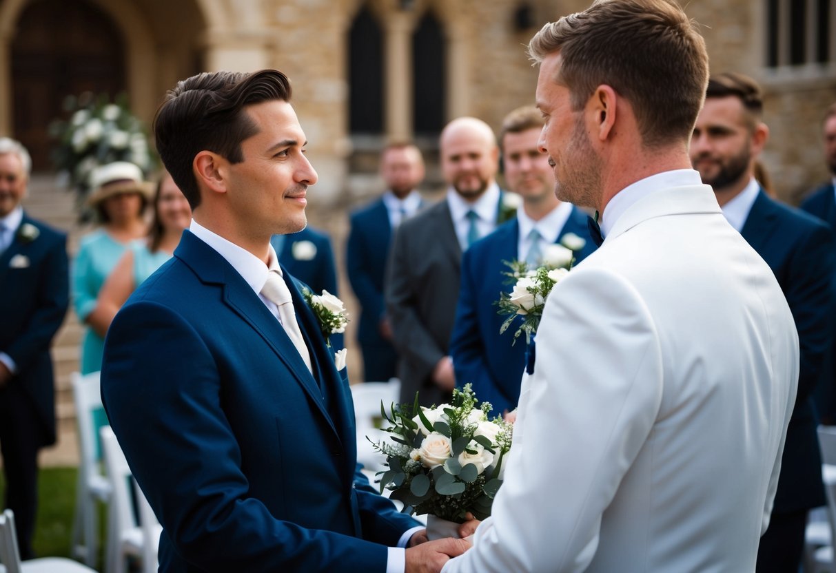 A figure in a formal suit stands beside the groom, holding a bouquet or assisting with the ceremony
