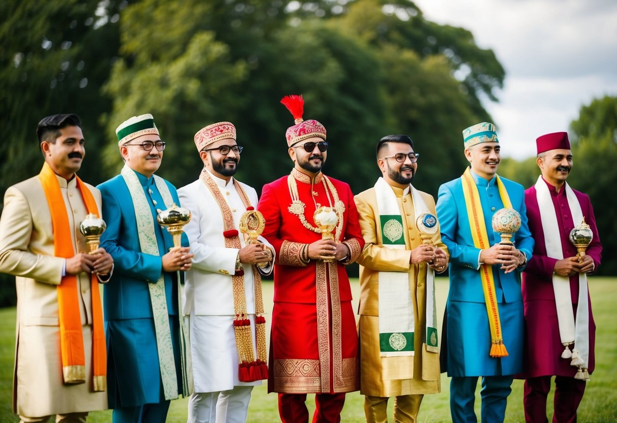 A group of groomsmen in various traditional attire from different cultures, standing together in a line, each holding a symbolic object representing their respective customs
