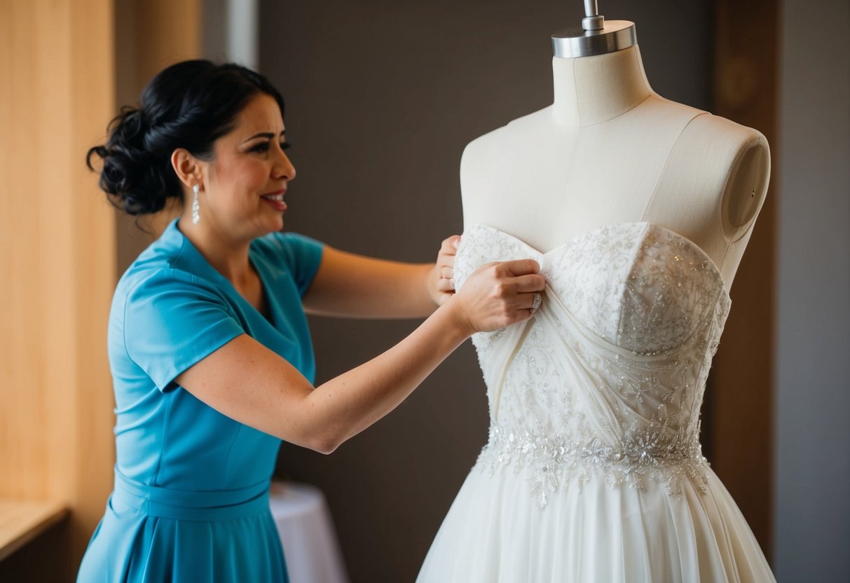 A seamstress struggling to fit a wedding dress on a mannequin, tugging at the fabric to try and make it fit