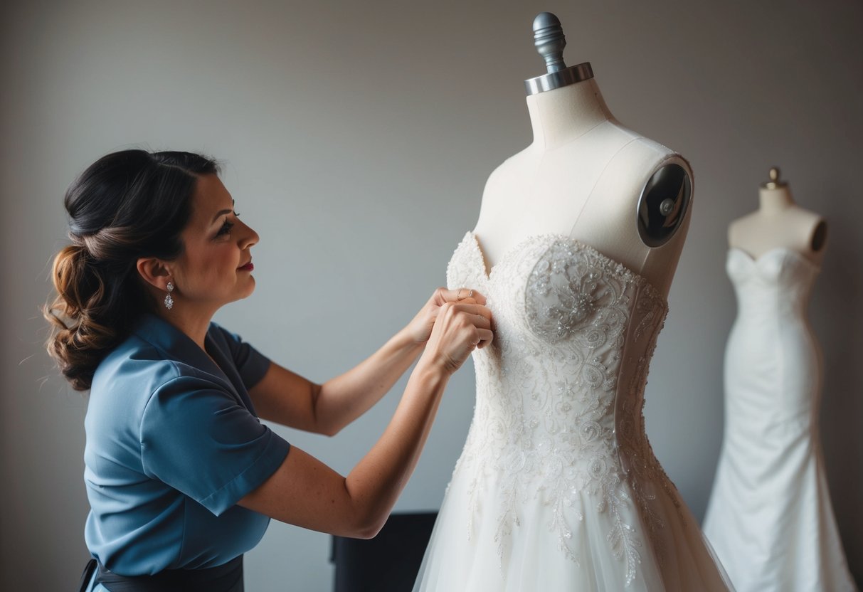 A seamstress struggles to fit a wedding dress onto a mannequin, tugging at the fabric to make it fit just right