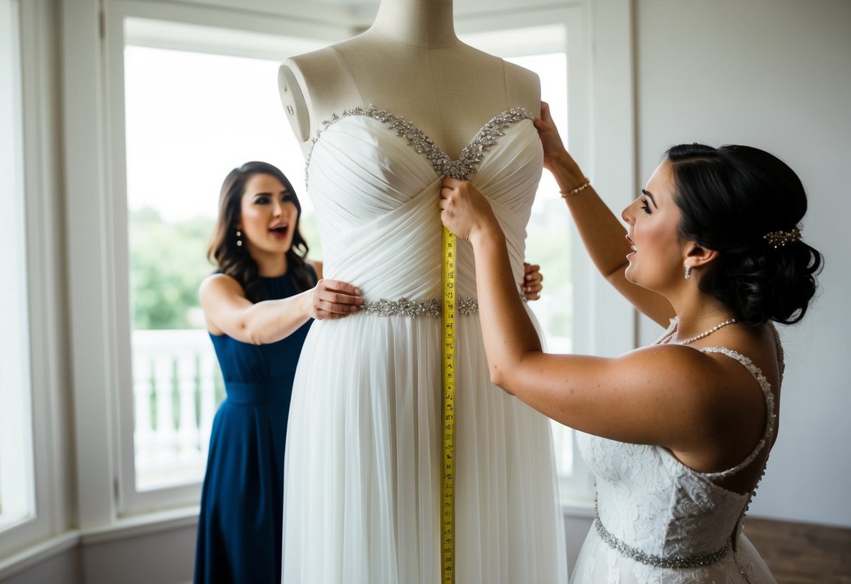 A wedding dress being stretched and measured on a mannequin, with a frustrated bride-to-be looking on
