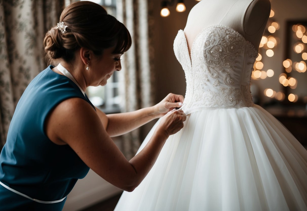 A wedding dress being measured and tailored by a seamstress