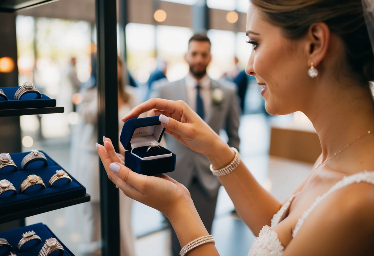 A bride holding a ring box while looking at a display of men's wedding bands
