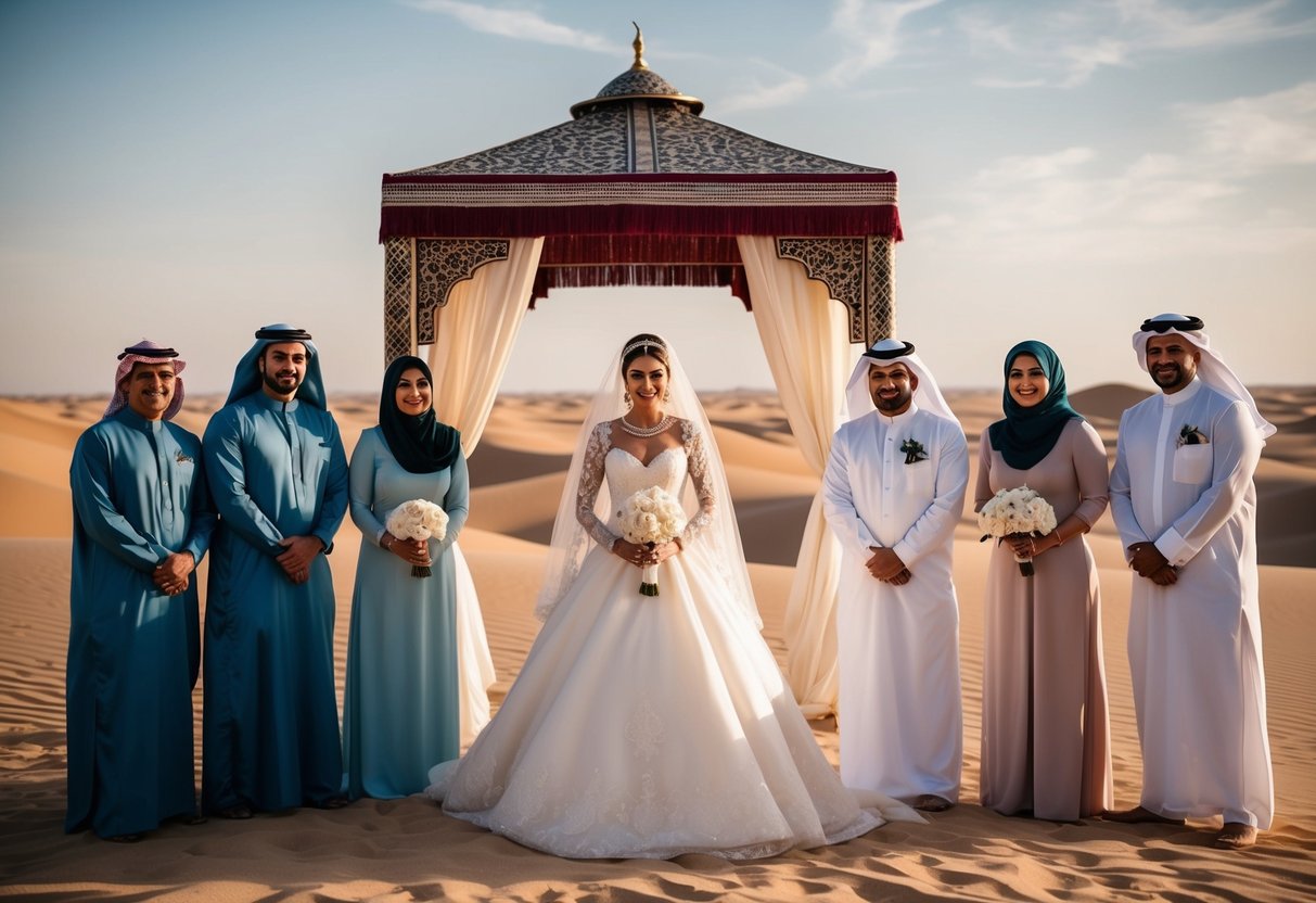 An Arab bride in a white gown stands under a traditional wedding canopy, surrounded by family and friends, with a beautiful desert landscape in the background