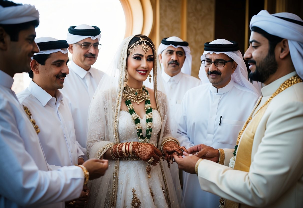 A traditional Arab wedding scene with a bride in a white gown, surrounded by family and adorned with intricate jewelry and henna designs
