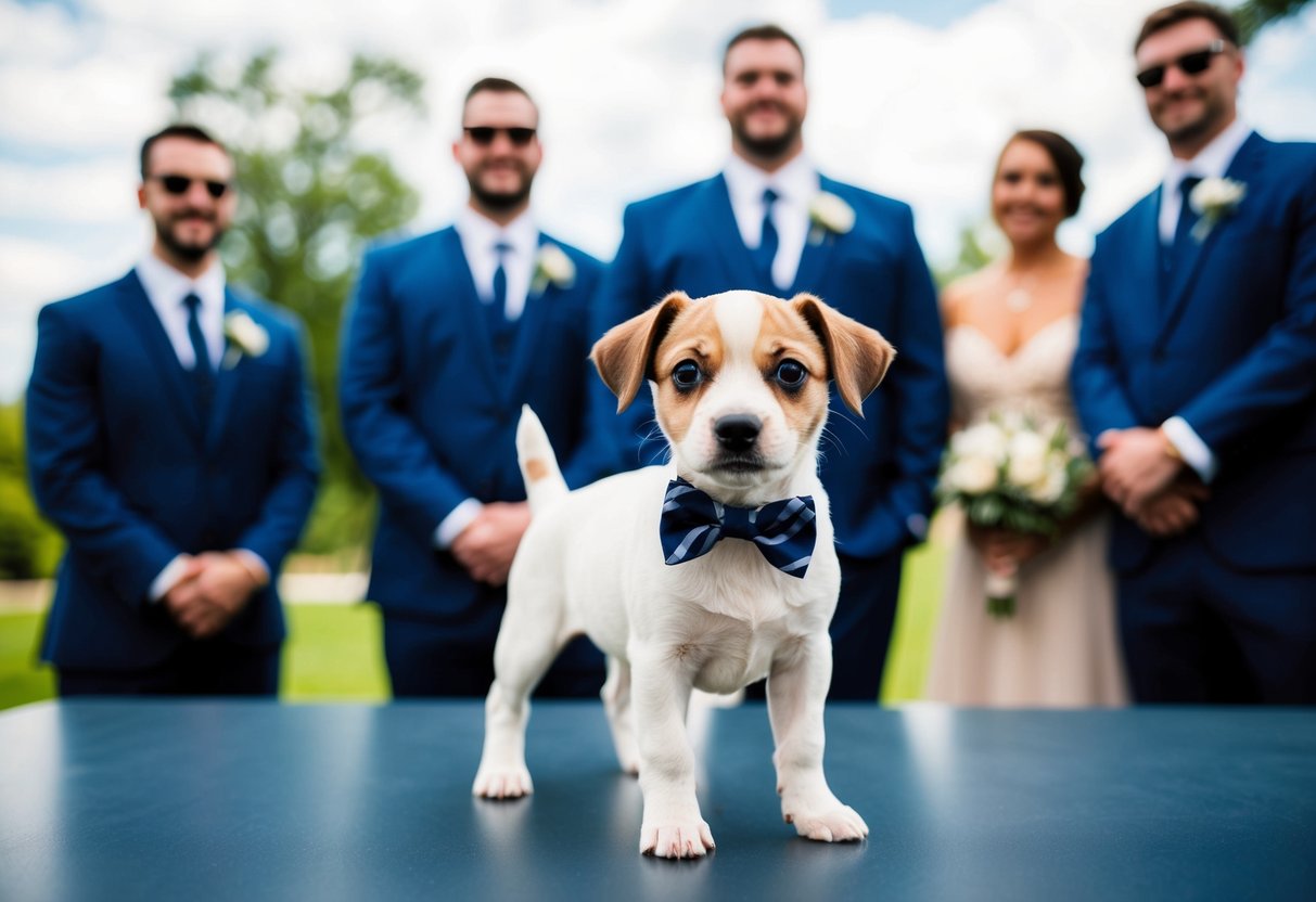 A small puppy wearing a bowtie, standing next to the groomsmen