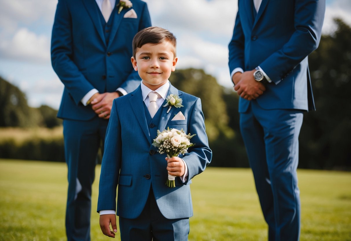 A young boy in a tailored suit stands next to the groom, holding a small bouquet or ring pillow