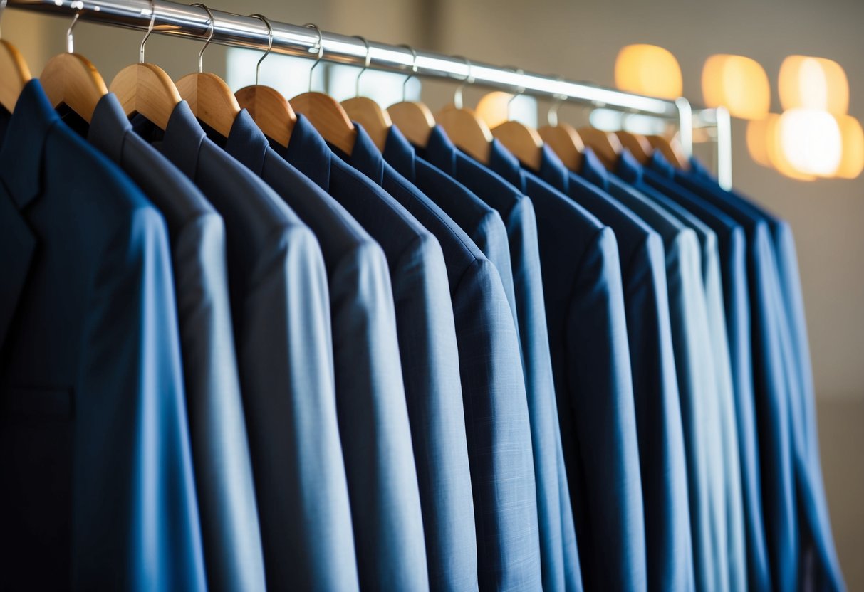 A row of matching suits hanging on a rack, with the smallest one at the end
