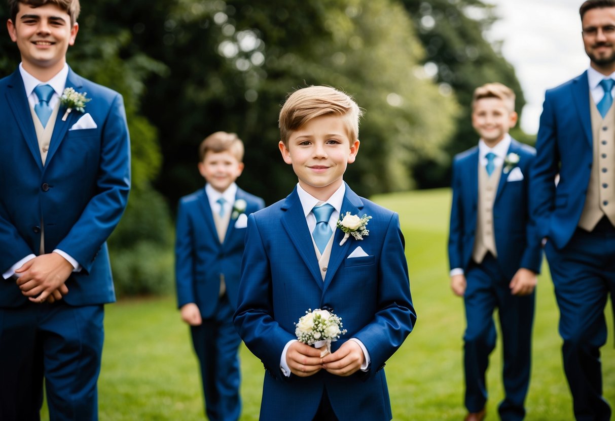 A young boy in a smart suit stands proudly among the groomsmen, holding a small bouquet or a ring pillow