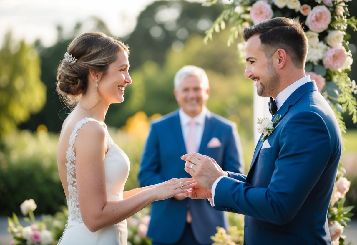 A groom presenting a ring to a bride, surrounded by flowers and soft lighting