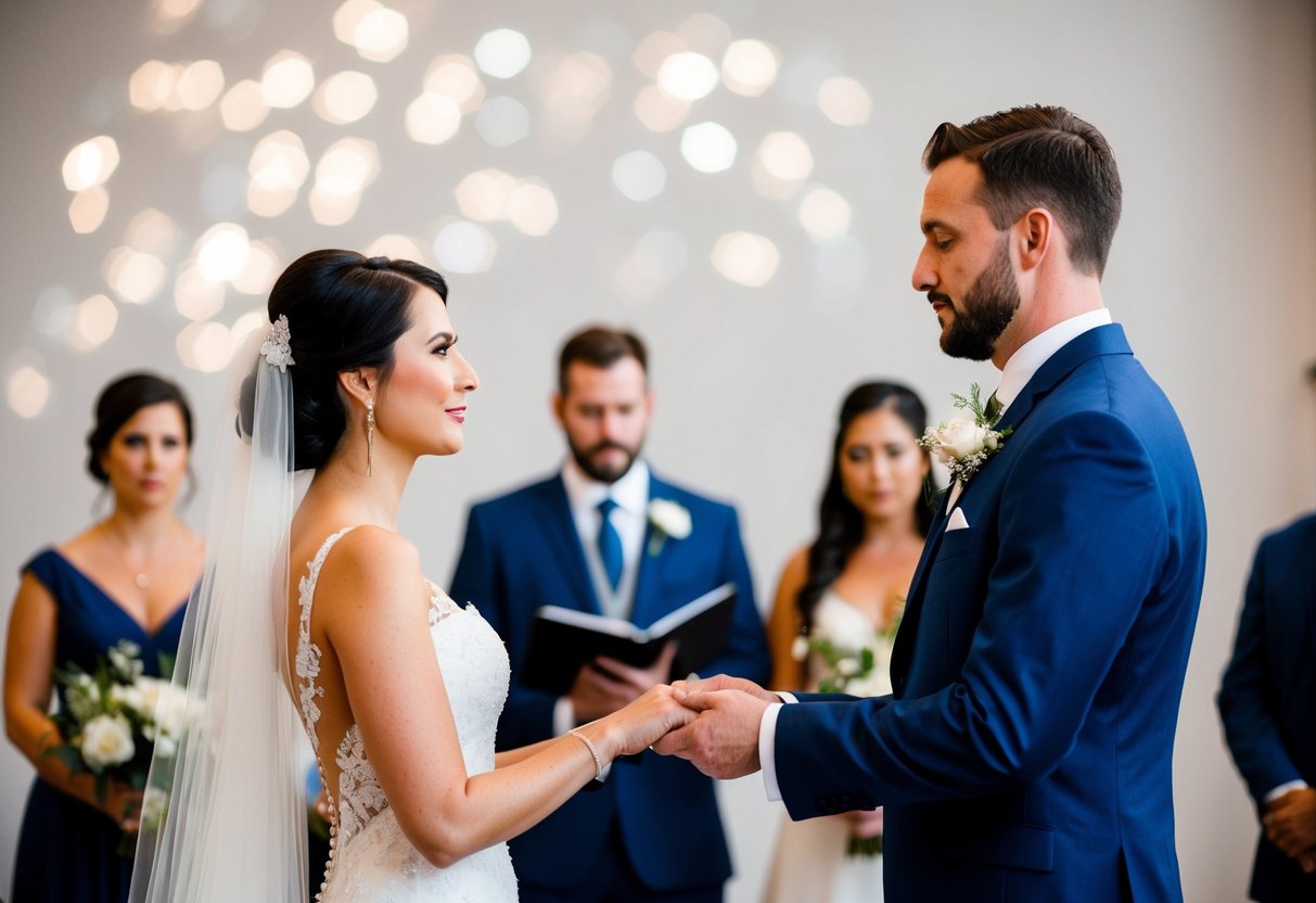 A groom standing before a bride, holding her gaze with a tender expression, as he solemnly recites his wedding vows
