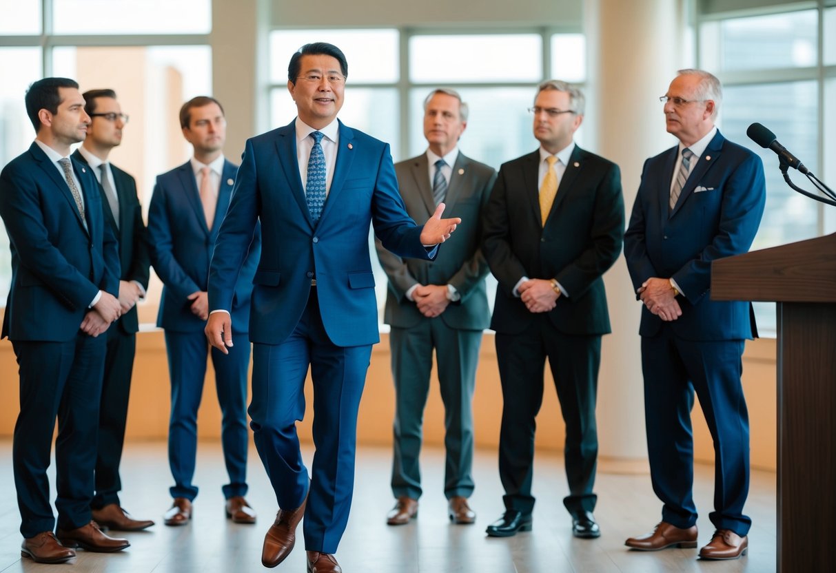 A group of men stand together, one steps forward confidently. Others listen attentively. A microphone and podium are present