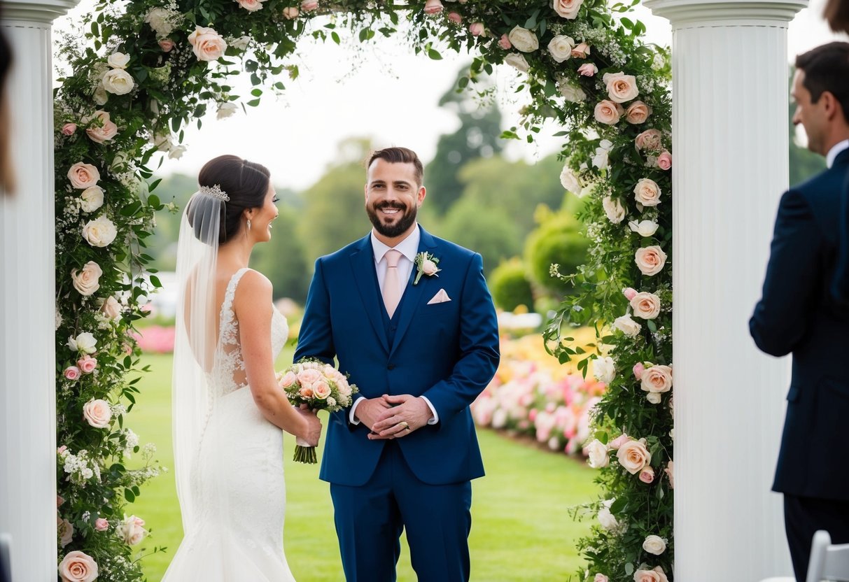 A groom standing before a beautiful archway with flowers, ready to say "I do" to his bride