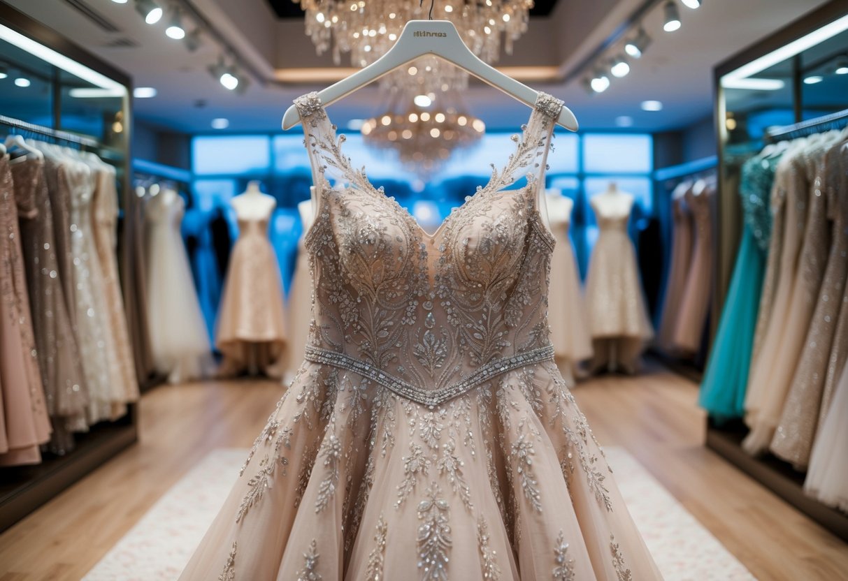 A regal gown hangs in a luxurious boutique, adorned with delicate lace and shimmering beads, fit for a mother of the bride