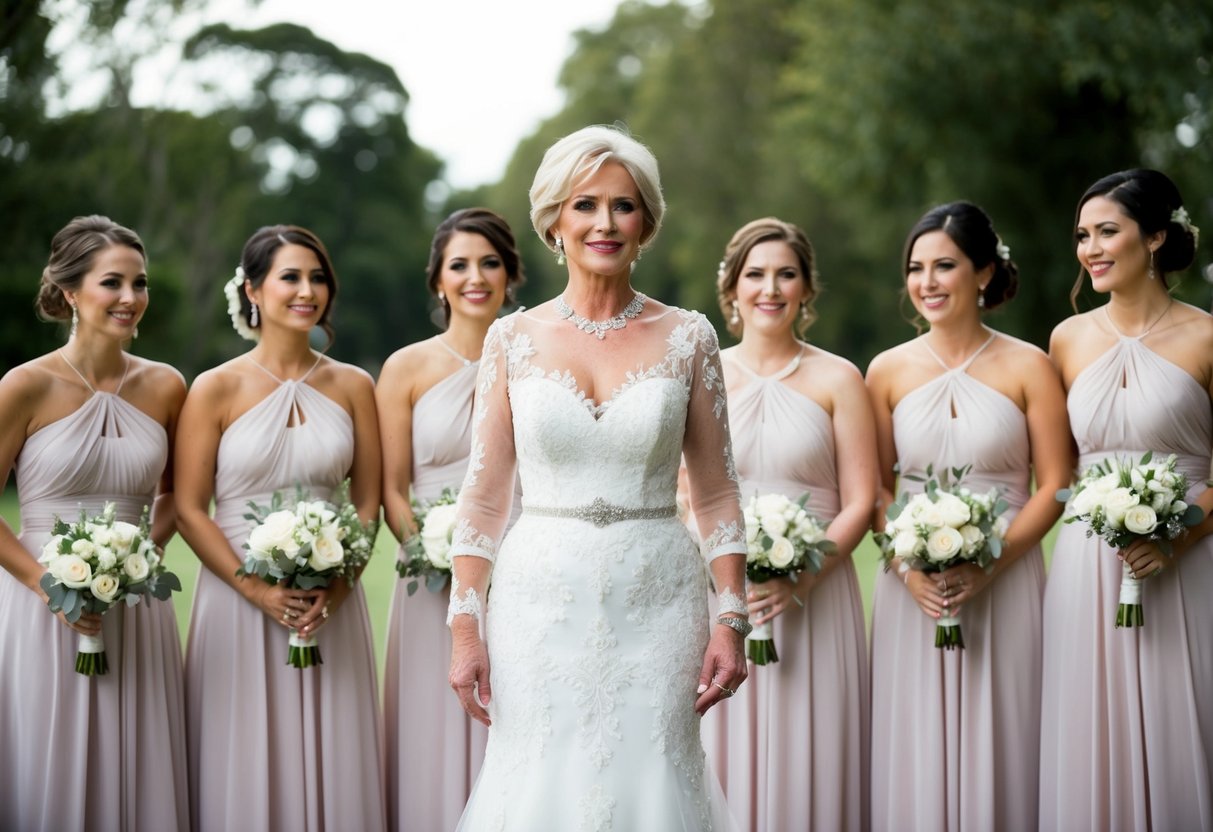 A mother of the bride stands in a elegant gown, surrounded by bridesmaids and groomsmen, coordinating for the wedding