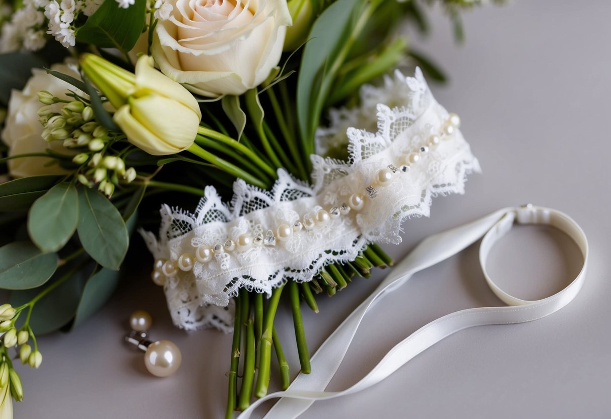 A bride's garter is delicately embroidered with lace and pearls, nestled among a bouquet of flowers and wedding accessories