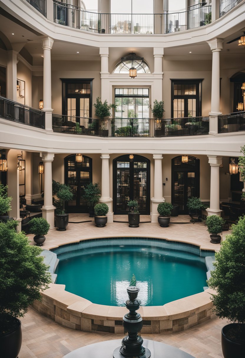 A grand luxury hotel nestled in the heart of Waco, Texas, with a spacious pool area, lush gardens, and a welcoming lobby with a cozy fireplace