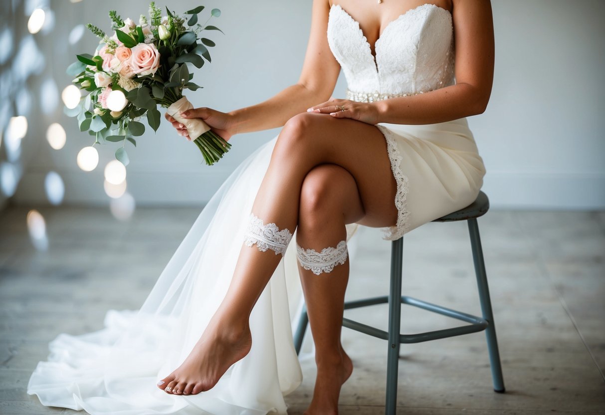 A bride sitting on a stool, her gown pulled up to reveal a garter around her thigh, with a bouquet of flowers in her hand