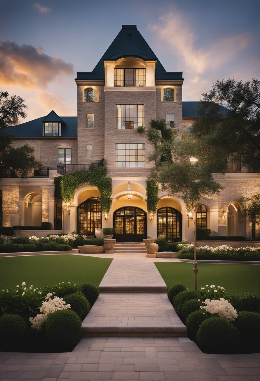 A luxurious hotel in Waco, Texas with a grand entrance, lush landscaping, and a welcoming atmosphere for families