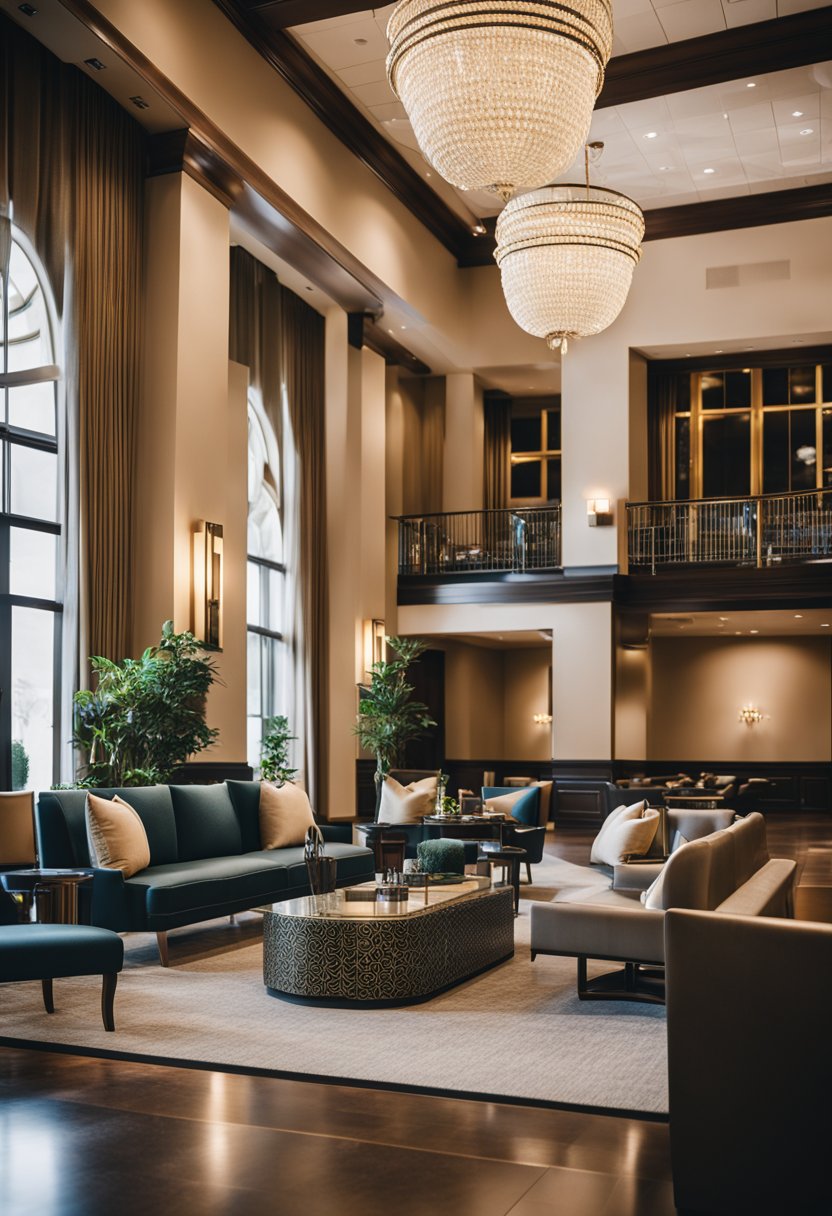 A luxurious hotel lobby in Waco, Texas, with elegant furnishings and a welcoming atmosphere for families