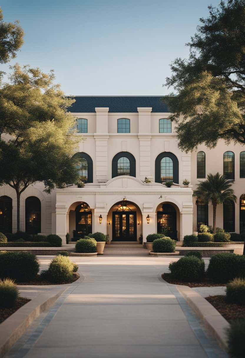 A luxurious hotel in Waco, Texas, with a welcoming entrance, lush landscaping, and a family-friendly atmosphere