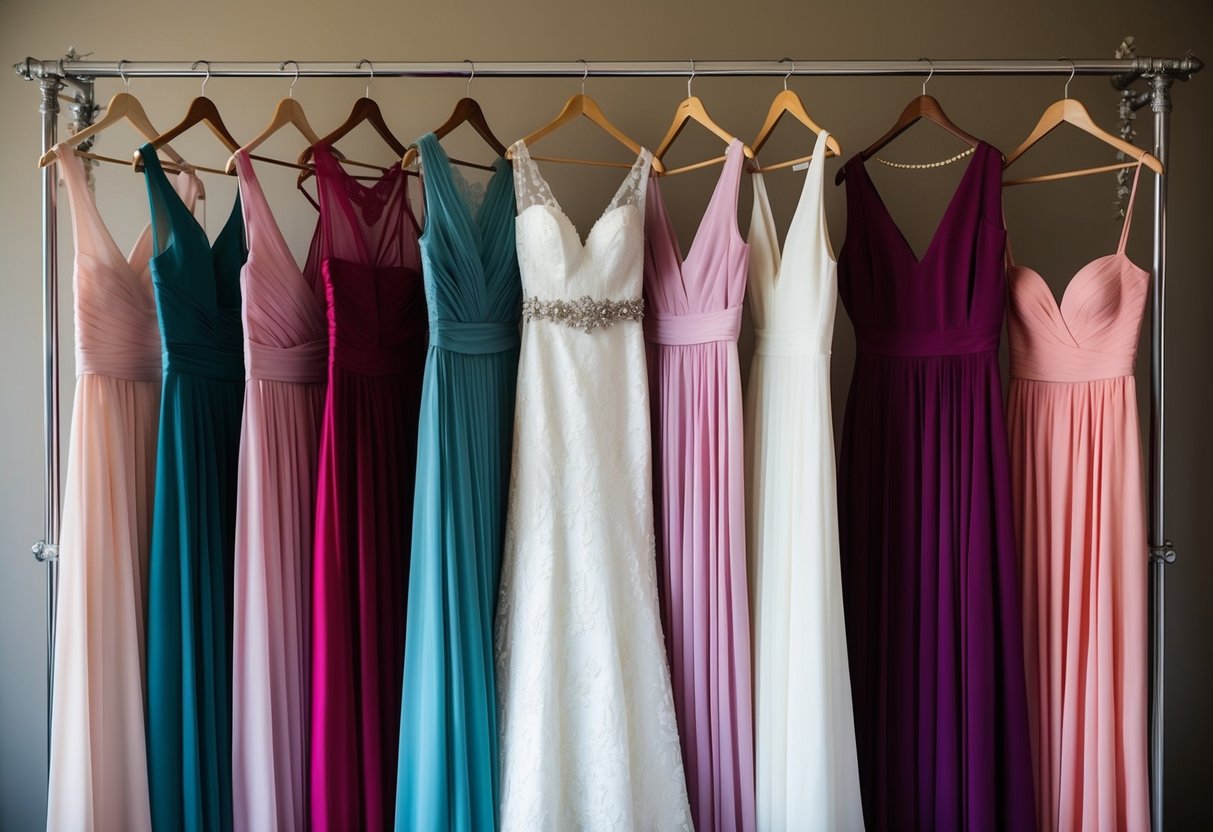 Nine bridesmaid dresses hanging on a rack, each in a different color and style, ready for a wedding
