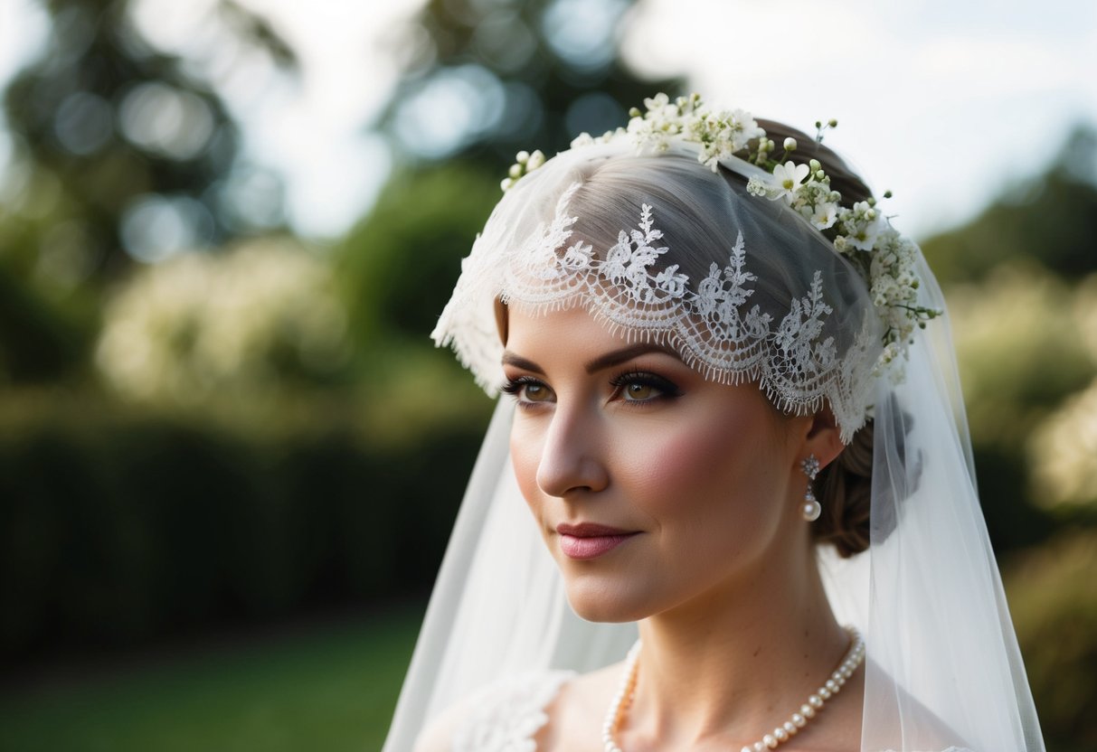 A bride wears a delicate lace veil on top of her head, adorned with small flowers and pearls