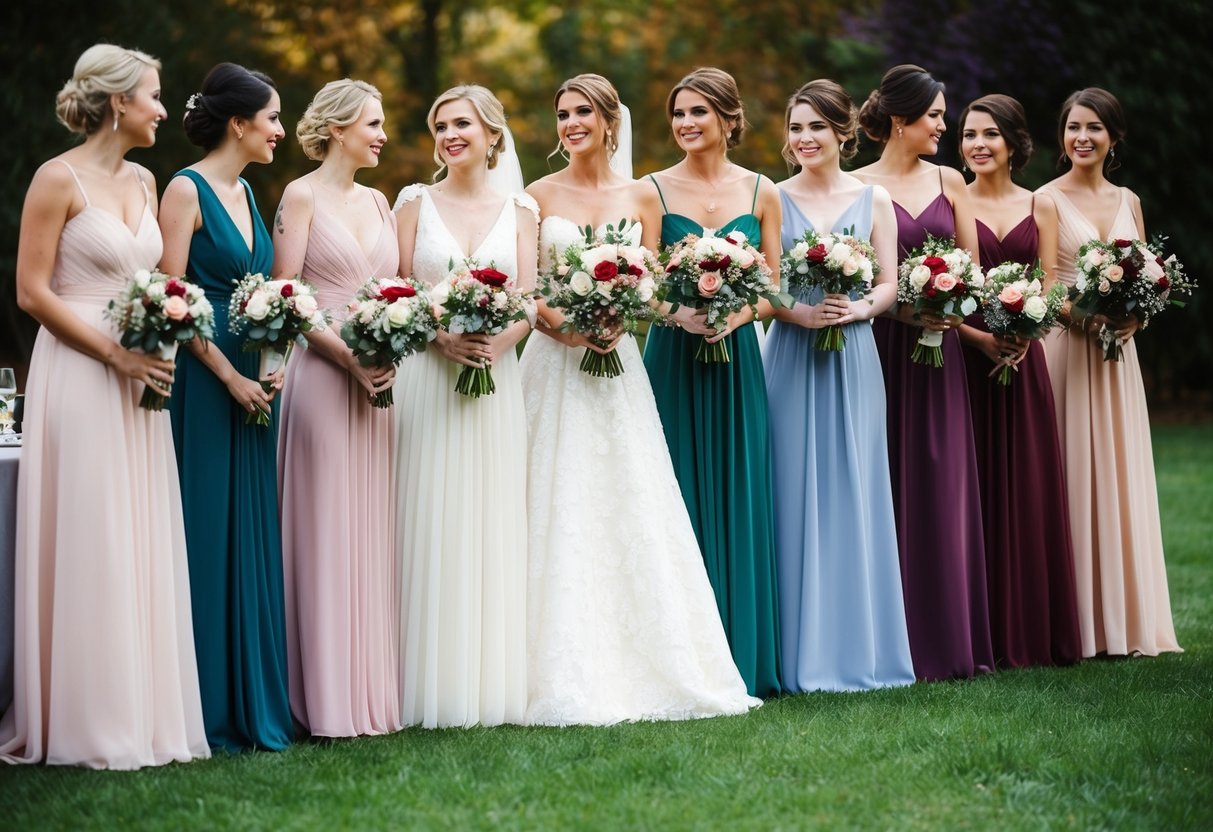 A group of nine bridesmaid dresses of various colors and styles arranged in a line, with bouquets of flowers resting on a table nearby
