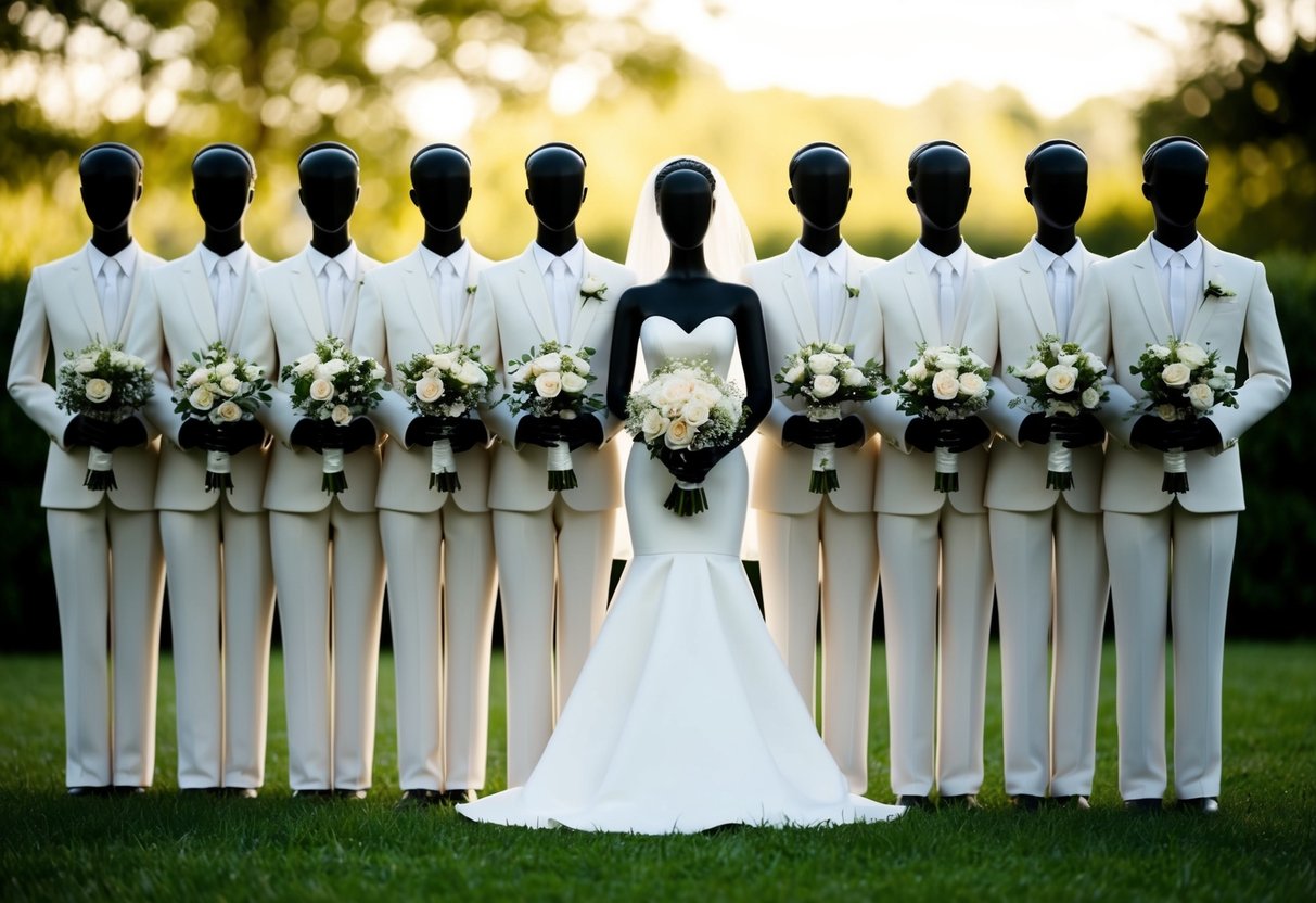 A group of nine identical figures stand in a row, each holding a bouquet, with a bride in the center
