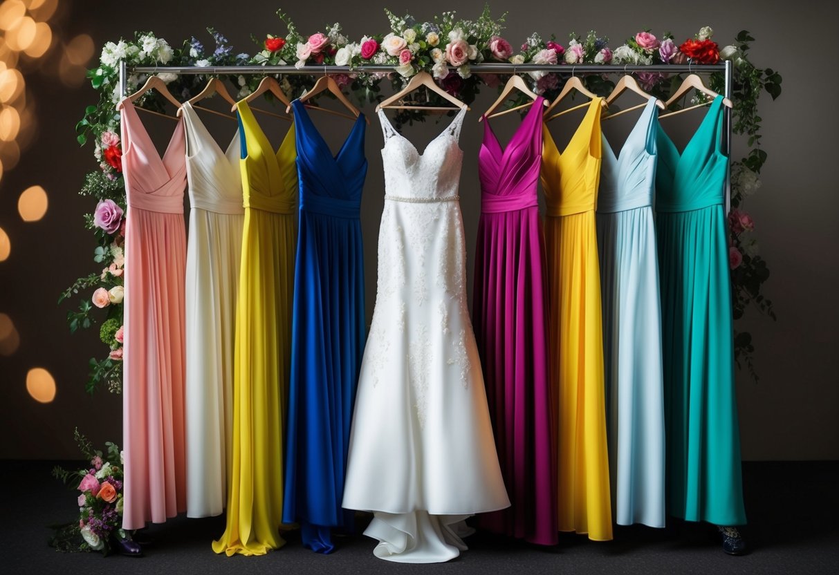 A group of nine colorful bridesmaid dresses hanging on a rack, surrounded by flowers and accessories
