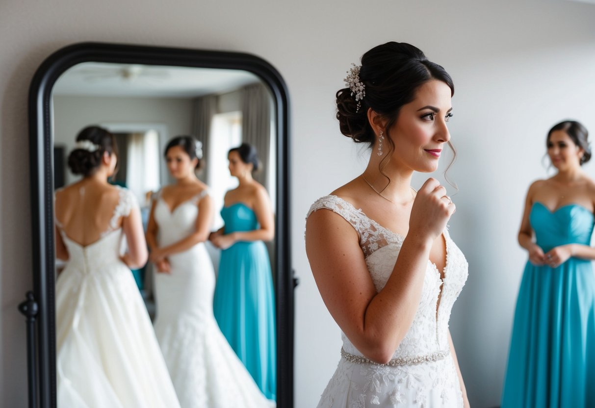A bride standing in front of a full-length mirror, trying on different wedding dresses with a look of contemplation on her face