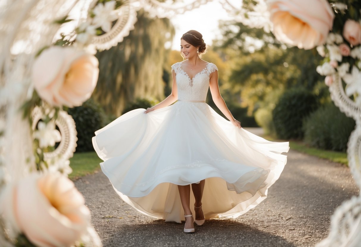 A bride twirls in a flowing skirt, surrounded by delicate lace and floral details
